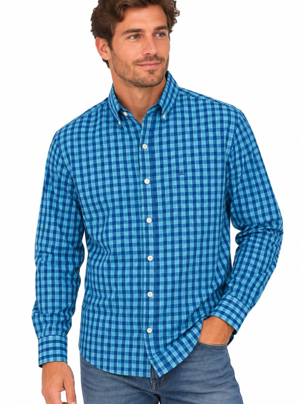 IZOD Men's Blue Aqua Gingham Check Button Down Shirt Long Sleeve Size Medium
